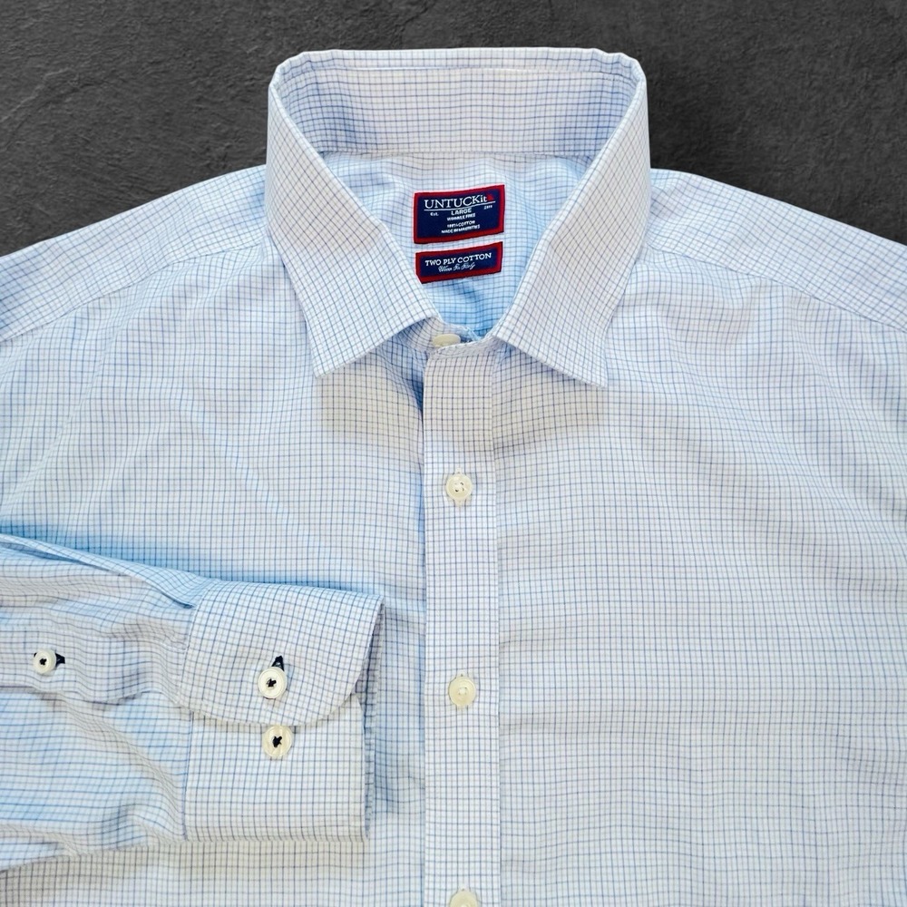 Untuckit Men's Large Nottola Windowpane‎ Long Sleeve Button Down Shirt Blue